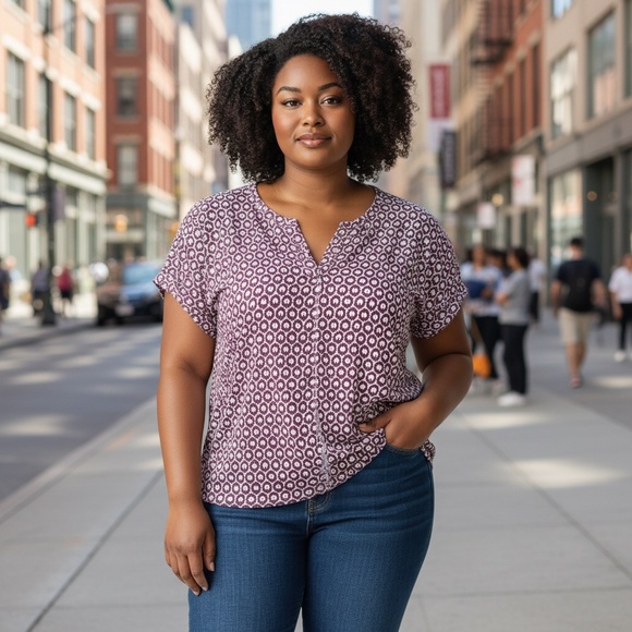 L.L. Bean Tops - LL Bean Womens Small Purple Geometric Print Split Neck Short Sleeve Top 510118